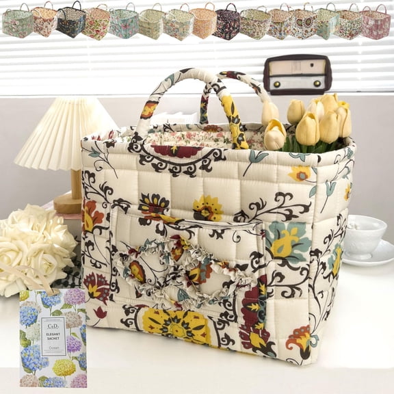 NCY Boho Quilted Fabric Storage Tote, Boho Fabric Storage Basket Foldable, Large Capacity Bohemian Style Floral Laundry Baskets, Durable & Soft, Puffer Tote Bag for Home,Picnic,Shopping,Travel (A-3#)