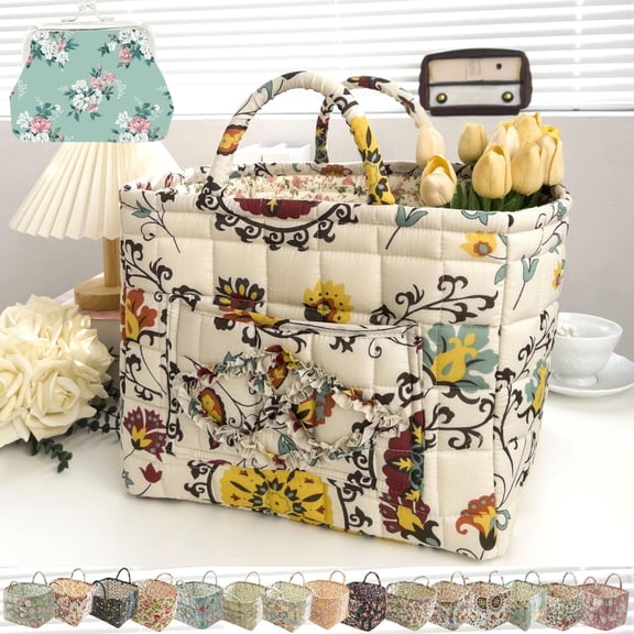 NCY Boho Quilted Fabric Storage Tote, Boho Fabric Storage Basket Foldable, Large Capacity Bohemian Style Floral Laundry Baskets, Durable & Soft, Puffer Tote Bag for Home,Picnic,Shopping,Travel (A-3#)