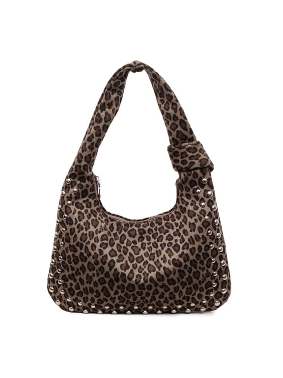 NCY Cheetah Print Purse Suede Hobo Bags for Women Suede Shoulder Bag Leopard Crescent Bag Y2k Vintage Studded Tote Handbag