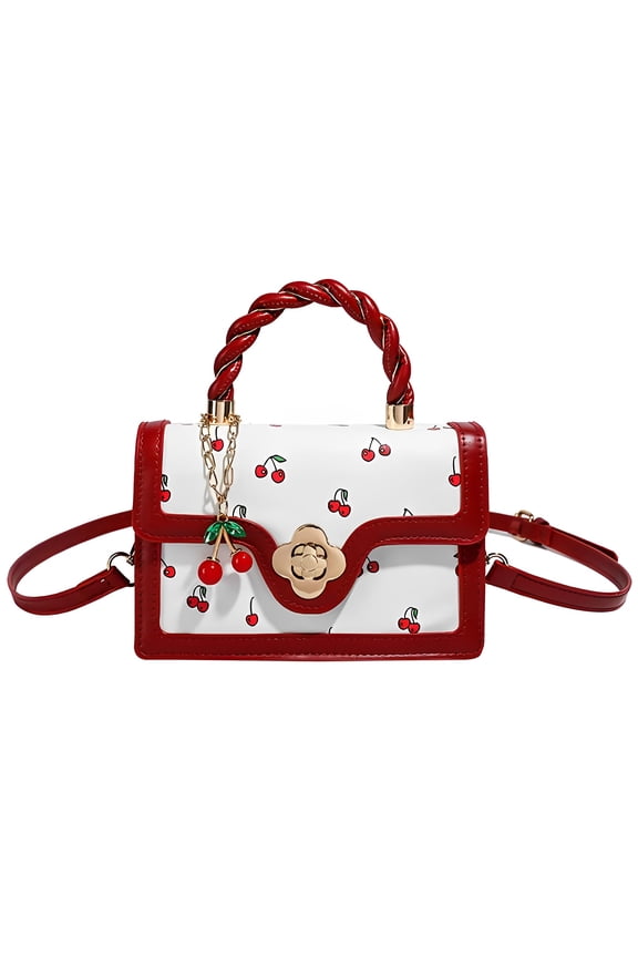 NCY Cherry Leather Tote Bag – Cute Y2K Shoulder Purse for Women, Red Designer Handbag with Top Handle, Fruit Print Clutch Satchel