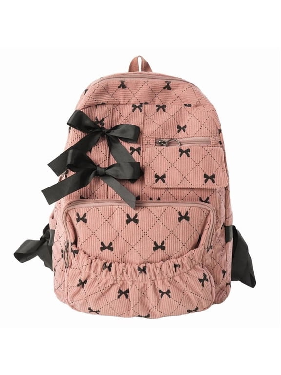 NCY Corduroy Cute Bow Backpack for Women Coquette Aesthetic Kawaii Bookbag Casual Bow Backpack