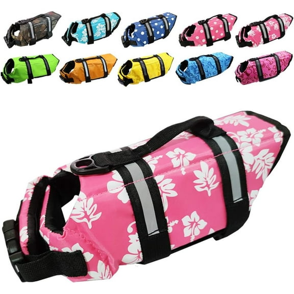 NCY Dog Life Jacket Easy-Fit Adjustable Belt Pet Saver Swimming Safety Swimsuit Preserver with Reflective Stripes for Doggie (S, Flowers and Pink)