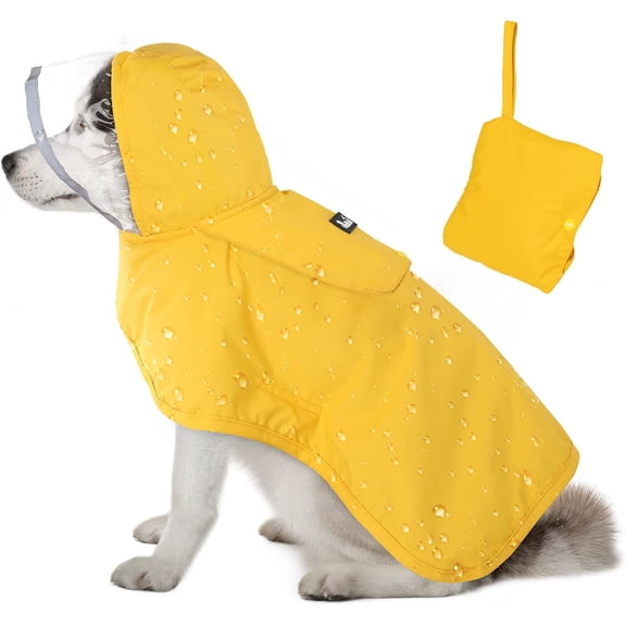 NCY Dog Raincoat, Adjustable Dog Rain Jacket with Clear Hooded Double Layer for Large Medium Small Dogs Puppies, Waterproof Rain Coat Poncho with Reflective Storage Pocket & Rim (Yellow, S)