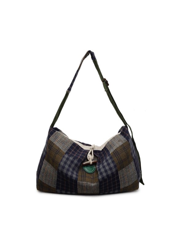 NCY Hobo Purse for Women Slouchy Plaid Patchwork Tote Canvas Drawstring Shoulder Bag Soft Vintage Daily Handbag
