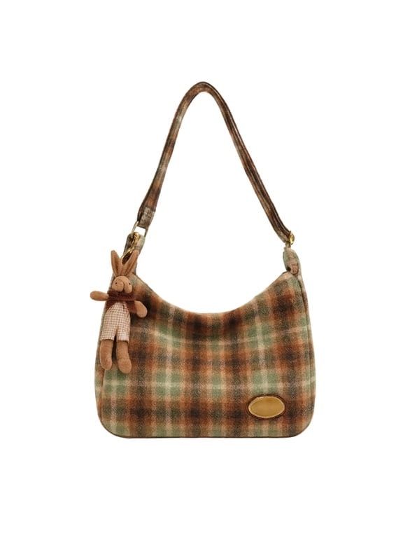 NCY Plaid Purses for Women - Wool Handbag with Pendant, Hobo Shoulder Bag and Tartan Fabric Clutch (Red)
