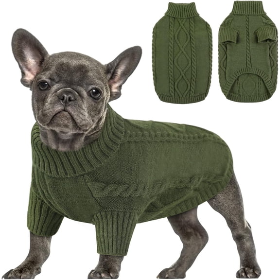 NCY Small Dog Pullover Sweater, Cold Weather Cable Knitwear, Classic Turtleneck Thick Warm Clothes for Chihuahua, Bulldog, Dachshund, Pug (Army Green, Medium)