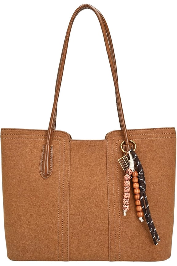 NCY Tote Bag for Women - Faux Suede Leather Purse Shoulder Top Handle Handbags Fall Hobo Work Satchel 2025 with Pendant