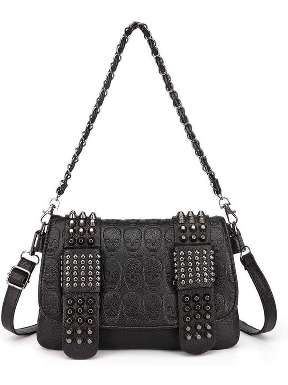 NCY Women Punk Skull Shoulder Top-Handle Bag Goth Rivet Purse Handbag PU Leather Chain Satchel Tote Black