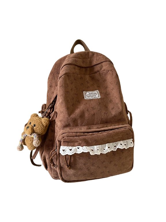NCY Women’s Cute Corduroy Lace Backpack, Aesthetic Casual Daypack Large Capacity, Lightweight Bookpack for Commute Campus