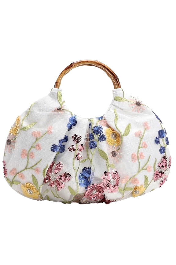 NCY Women's Sequin Floral Clutch with Bamboo Handle Ruched Crescent Handbag for Evening Party Summer Vacation Beach Bag