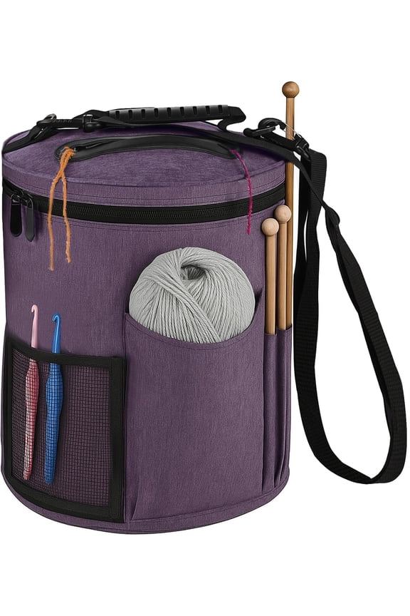 NCY Yarn Storage Bag, Round Knitting Bag with Top Zipper & Detachable Shoulder Strap, Crochet Tote with Thread Openings & Multiple Pockets
