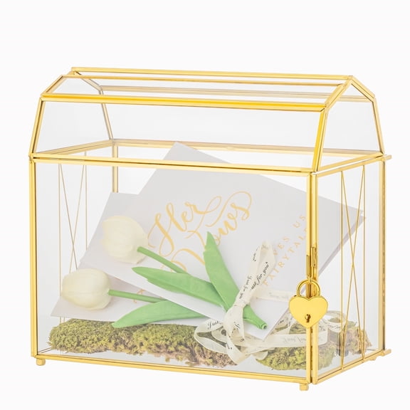 NCYP Barn Shape Gold Geometric Wedding Card Box with Lock, and Slot, for Reception, Wishingwell, Card Box Only
