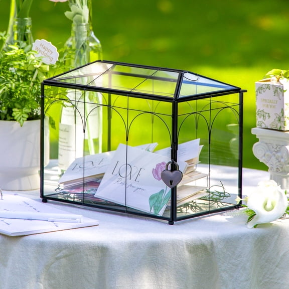 NCYP Glass Card Box with Slot and Lock - 10.2" x 5.9" x 7.9" Wedding Reception Lockable Card Holder with Heart-Shaped Lock - Tabletop Reception, Birthday Party Decor, Black (Glass Box with Lock Only)