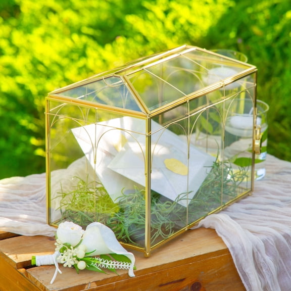 NCYP Glass Card Box with Slot and Lock - 10.2" x 5.9" x 7.9" Wedding Reception Lockable Card Holder with Heart-Shaped Lock - Tabletop Reception, Birthday Party Decor, Gold (Glass Box with Lock Only)