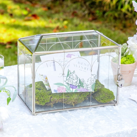NCYP Glass Card Box with Slot and Lock - 10.2" x 5.9" x 7.9" Wedding Reception Lockable Card Holder with Lock - Tabletop Reception, Birthday Party Decor, Silver (Glass Box with Lock Only)