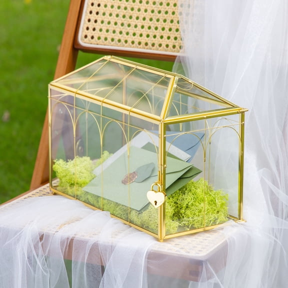 NCYP Glass Card Box with Slot and Lock - 12.6" x 5.9" x 9" Wedding Reception Lockable Card Holder with Heart-Shaped Lock - Tabletop Reception, Birthday Party Decor, Gold (Glass Box with Lock Only)