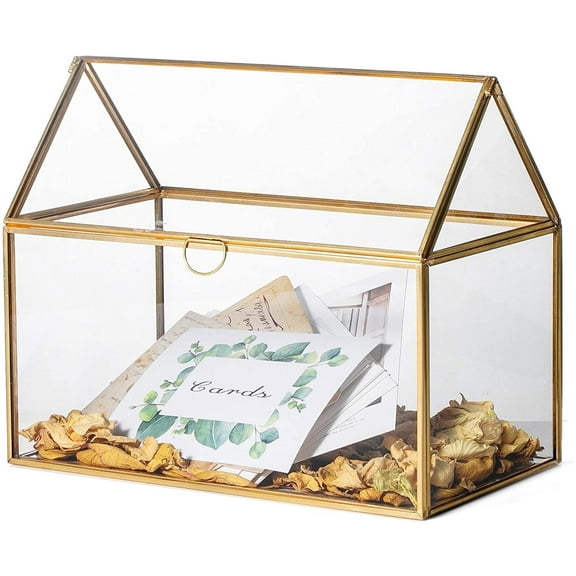 NCYP Glass Card Box for Wedding Reception - 10.2" x 5.9" x 8.2" - House Shape Clear Glass Terrarium Planter, Home Party Tabletop Decor, Centerpiece, Gold (Glass Box Only)