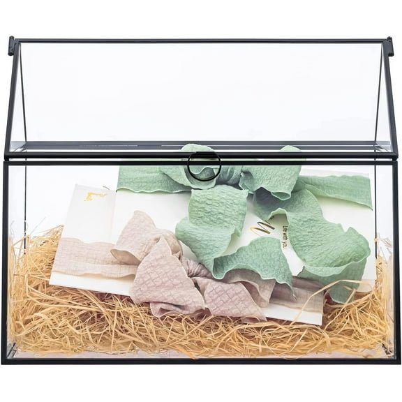 NCYP Glass Cards Box with Lid for Wedding, Birthday, Party Reception - 10.2x5.9x8.2 Inches - House Shape Card Holder, Home Decor, Large Succulents Terrarium Planter, Black (Glass Box Only)