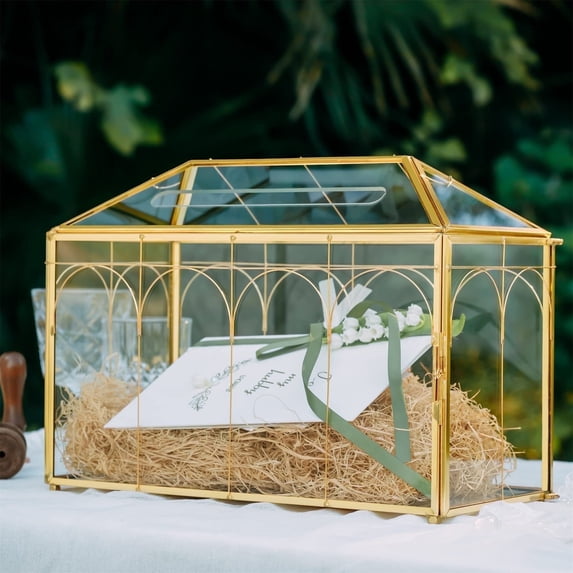 NCYP Small Brass Glass Wedding Card Box with Slot and Lock - 12.6" x 5.9" x 9"