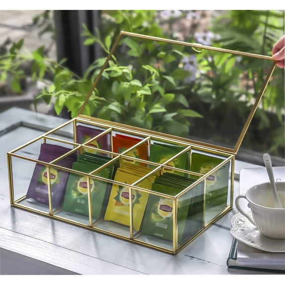 NCYP Glass Tea Bags Organizer, 12" x 7.1" x 3.7" Sugar Packets Storage Box - 8 Grids Compartments Jewelry Container, Indoor Counter Top Brass Display Case with Lid, Gold Decor (Glass Box Only)