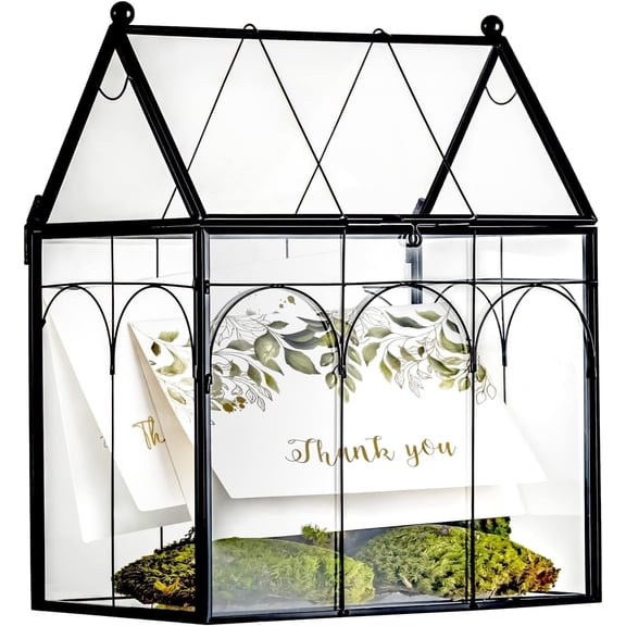 NCYP Glass Terrarium with Lid for Cacti, Succulents, Small Plants - 7.5 x 4.9 x 9 inches Closed Geometric Planter Box - Home Indoor Tabletop House Shape Decorative, Black (Terrarium Only)