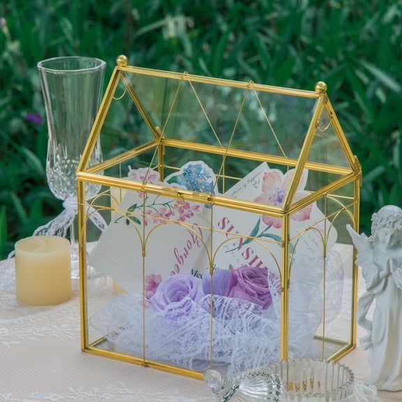 NCYP Gold House-shaped Terrarium Storage Box with Top Opening Lid, for Cards, Decorations (Glass Box Only)