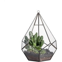 NCYP Hanging Glass Geometric Terrarium for Succulent - 6.8" x 6.8" x 8.6" Indoor Teardrop Shape Plants Planter, Tabletop Decorative Centerpiece, Black Container, Opening, Handmade (No Plants)