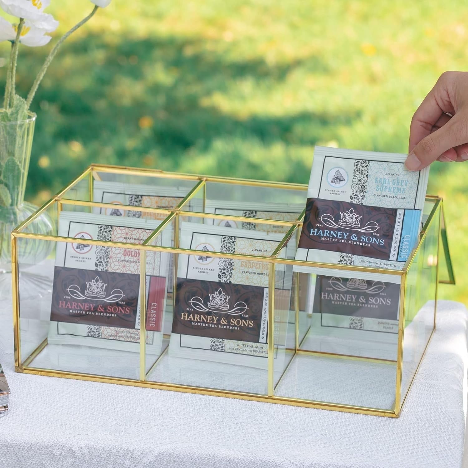 NCYP Large Glass Tea Bags Container, Organizer Box, with 6 Grids, Glass ...