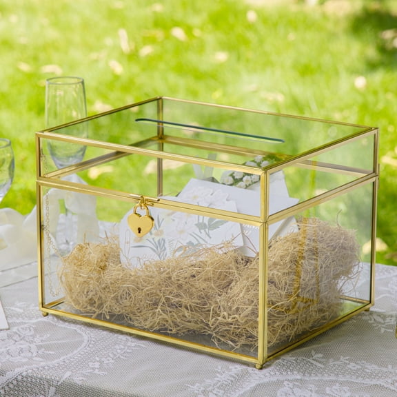 NCYP Large Wedding Card Box with Slot and Lock, Gold 12x9.4x8.4 Glass Box