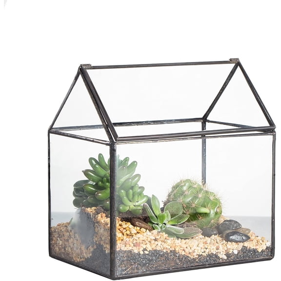 NCYP Small 6.1" x 6.3" x 4.33" Glass Terrarium Box with Lid for Succulent, Air Plants - House Shape Closed Geometric Planter Pot - Home Garden Tabletop Decoration, Black (No Plants)