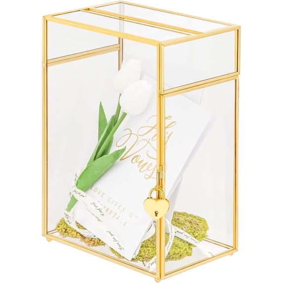 NCYP Small Glass Cards Box with Slot and Lock for Wedding - 8" x 5.5" x 11.3" - Home Birthdays Party Tabletop Decor, Gold, Clear Envelopes Terrarium (Card Box Only)