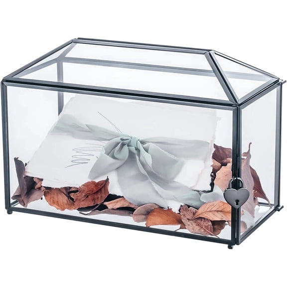 NCYP Wedding Glass Card Box with Slot and Lock for Wishing Well, Keepsake, Envelope - Birthday Party Reception Decor, Geometric, Black - Large 12.6" x 5.9" x 9" (Glass Box Only)