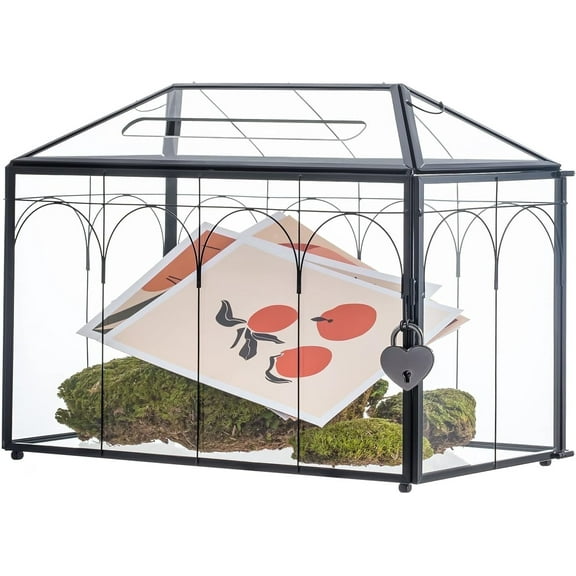 NCYP Wedding Glass Cards Box with Slot and Lock - 12.6" x 5.9" x 9" Vintage Indoor Tabletop Geometric Terrarium, Black Card Holder for Reception, Wishwell, Party Decor (Glass Box Only)