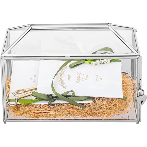 NCYP Wedding Glass Cards Box with Slot and Lock - 12.6" x 5.9" x 9" Glass Holder for Thanks Card, Keepsake, Envelops, Reception - Geometric Decorative Centerpiece, Silver (Glass Box Only)