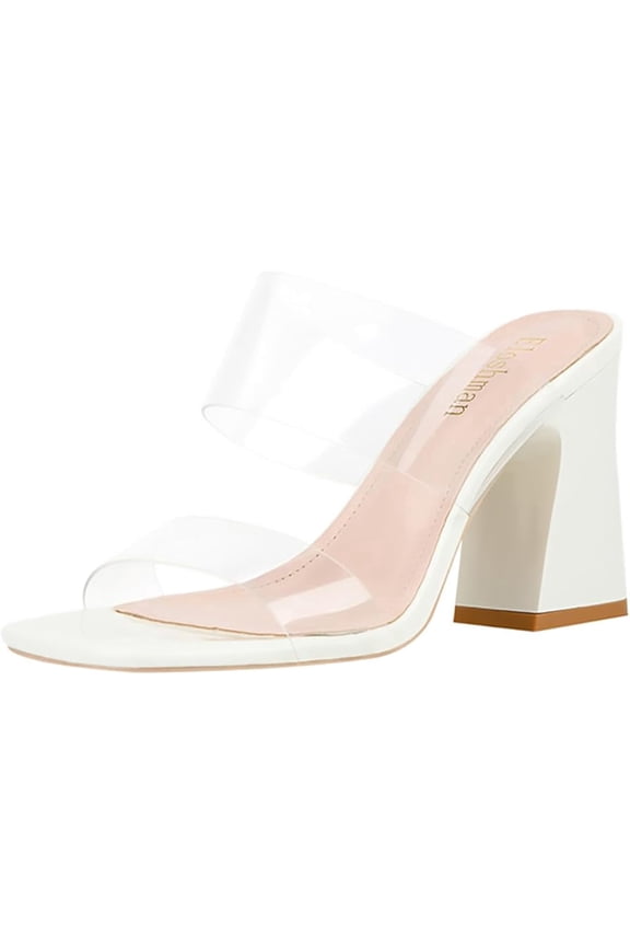 NDEGSHSM Womens Clear Block Heel Slides Transparent Double Strap Mule Sandals, 3.35 Inch Chunky Heel, Non-Slip Rubber Sole, Sizes 6-11