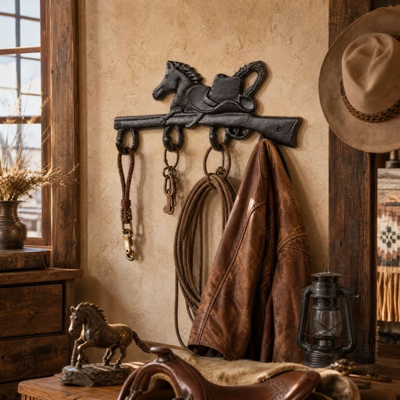 NDJPAHJ Western Cowboy Iron Wall Hook Vintage Horse Saddle Wall Mount Hanger Metal Coat Key Hook For Entryway Decor
