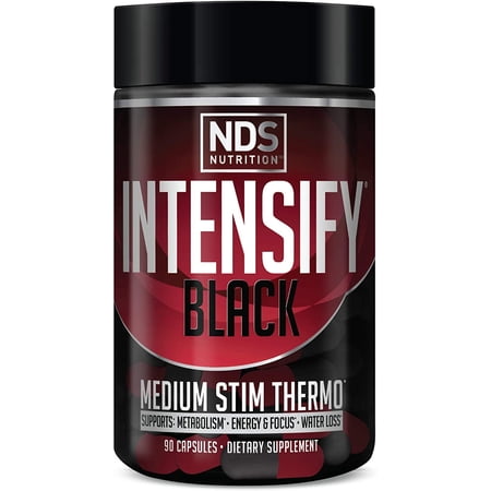 NDS Nutrition Intensify Black - Thermogenic Blend with Teacrine for Fat and Water Loss - Boost Metabolism, Burn Calories, Help Suppress Appetite - Improve Body Tone, Muscle Definition - 90 Capsules