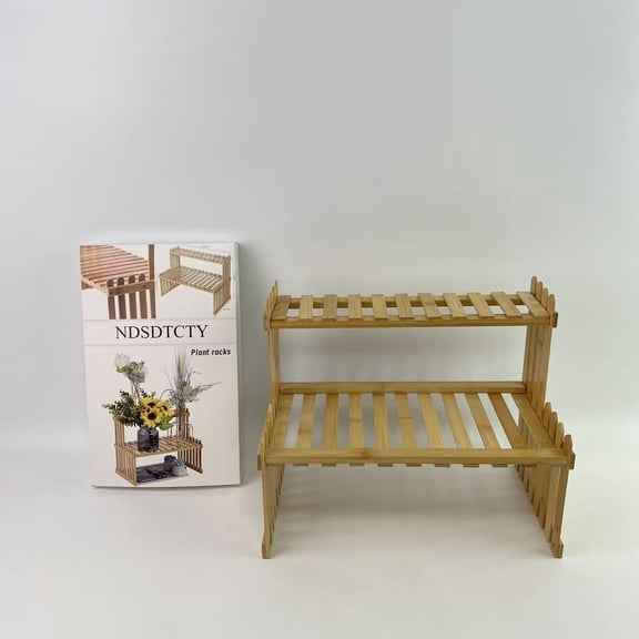 NDSDTCTY Plant racks,Natural Bamboo Indoor Plant Stand for Desk, 2 Tier Desktop Shelf Organizer Rack with 2 Slatted Shelves