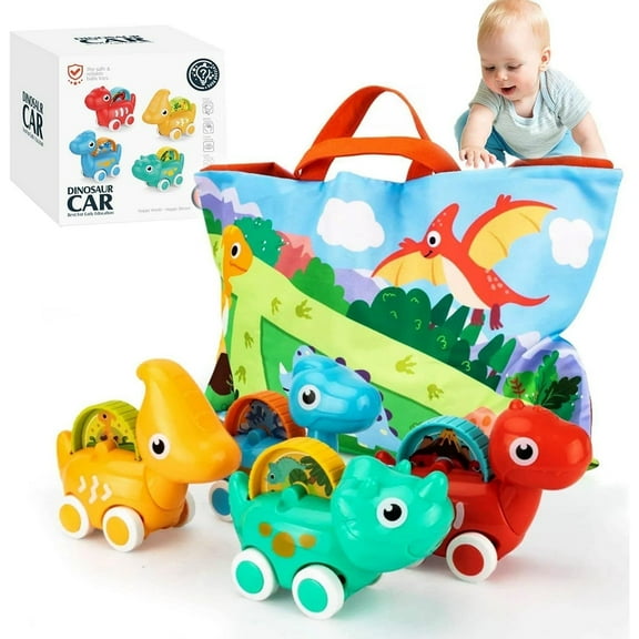 Ludolm 1 Year Old Boy Gift, 4 Sets of Vehicle Dinosaur Car Toys with Playmat and Storage Bag Baby Toys 12-18 Months First Birthday Gifts for 1 Year Old Infants and Toddlers
