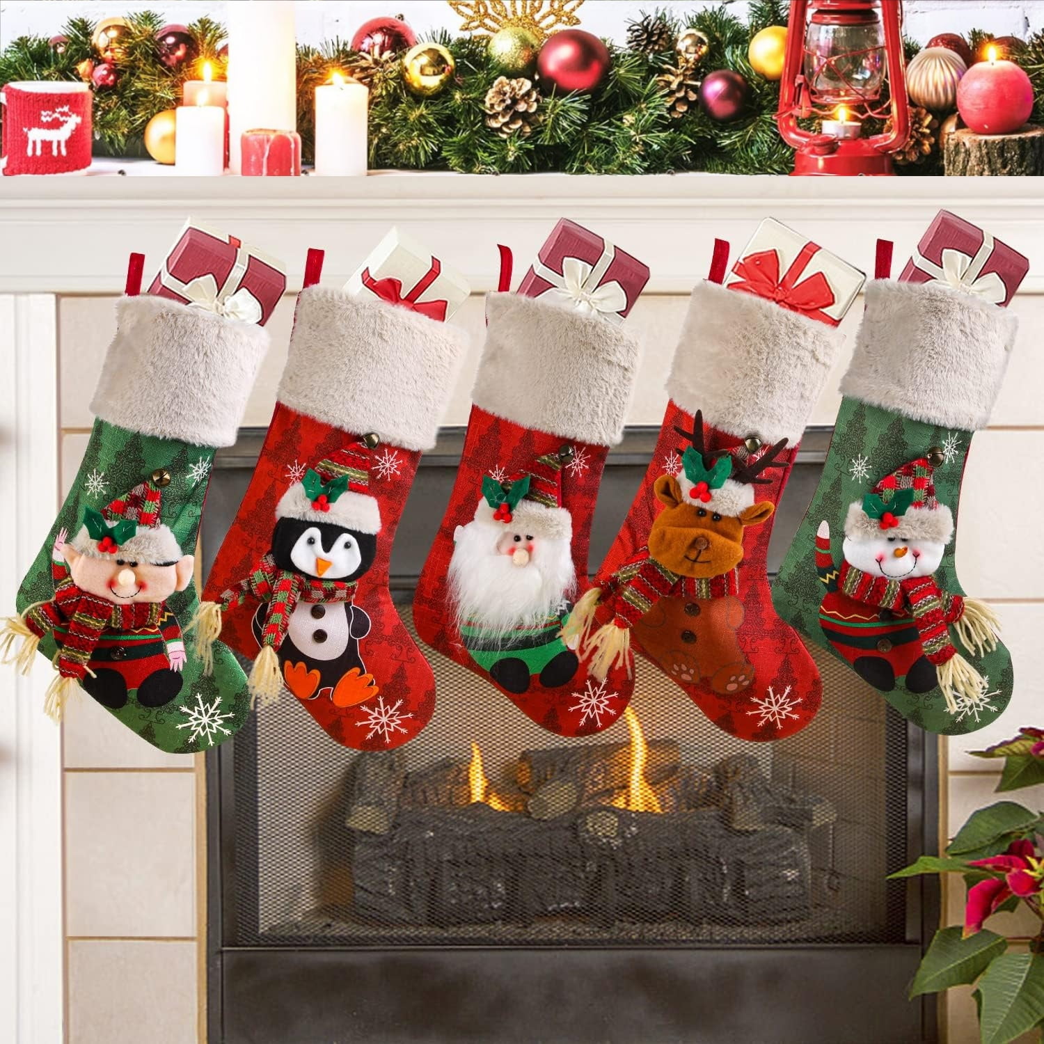 Set of 5 Large Christmas Stockings with Plush Cuff