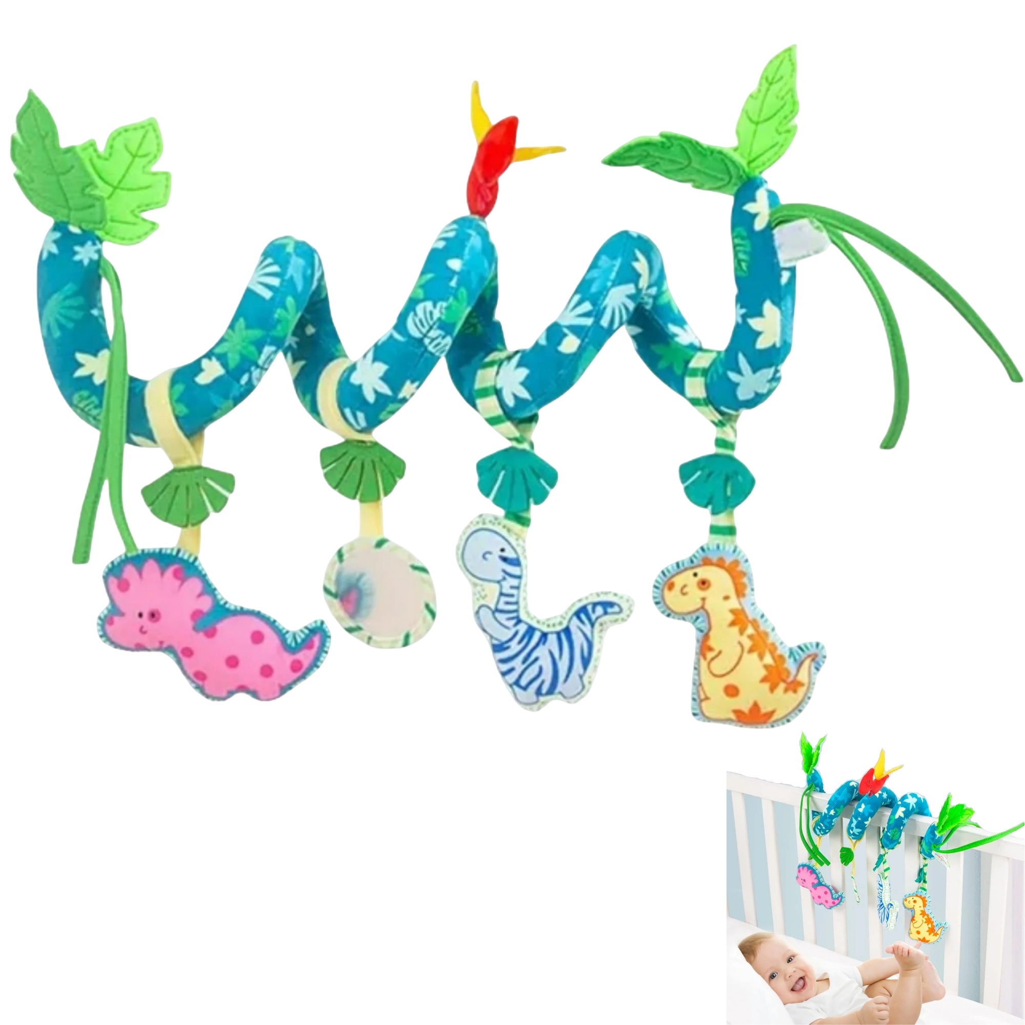 NDTOYS Baby Car Seat Sensory Toys 0-36 Monthsfor Crib and Stroller with Squeak and Mirror (Dinosaur)