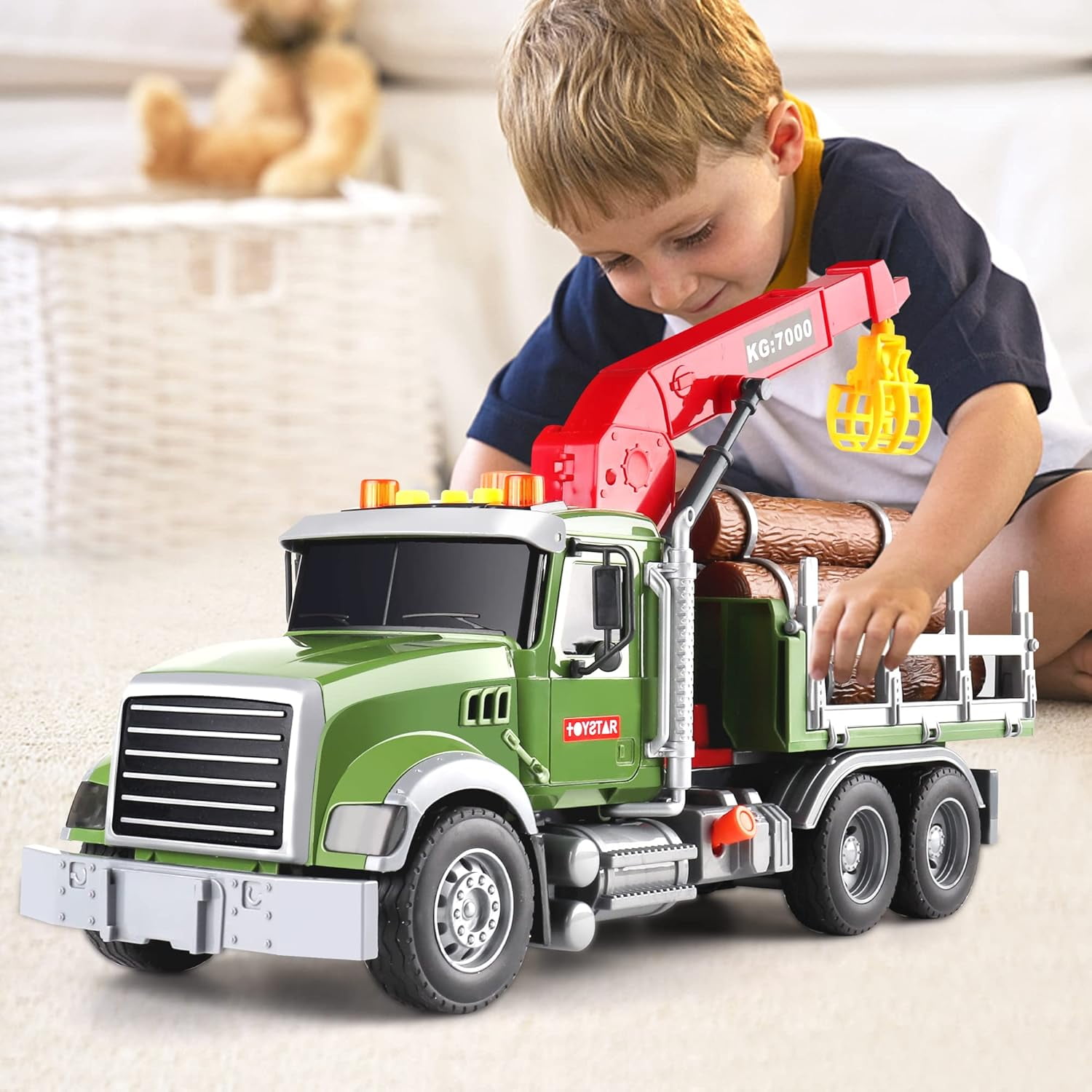 NDTOYS Kids Toys for 3 4 5 6 7 Years Old Boys,15" Large Timber Truck with Loading Crane and 6 Trunks,Birthday Gifts for Boy Toddler Child