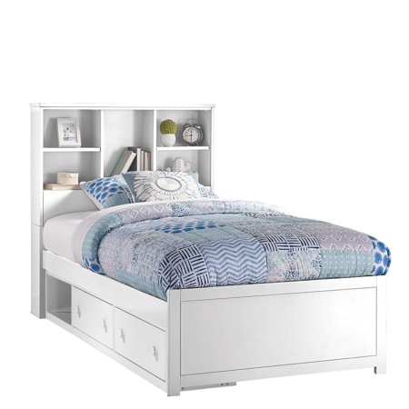 NE Kids Caspian Wood Bookcase Twin Bed with Storage Unit in White