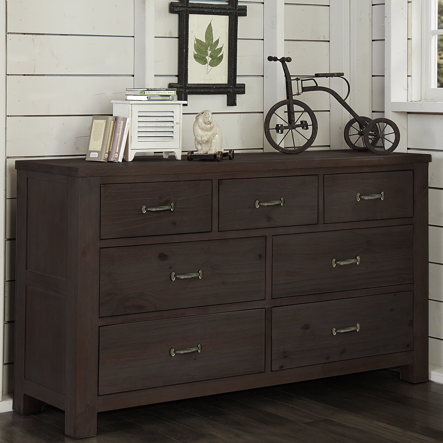 Espresso Pine Industrial 7-Drawer Dresser with Dovetail Joints