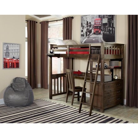 NE Kids Highlands Twin Slat Loft Bed with Desk and Dresser in Espresso