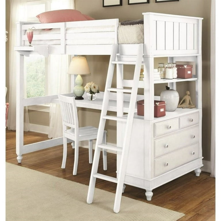 NE Kids Lake House Twin Loft Bed with Desk and Shelf in White