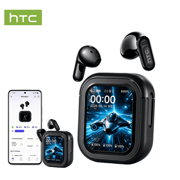 HTC NE20 Wireless Bluetooth 6.0 In-Ear Earbuds, AI Translator, Noise-Cancelling Headphones, LED Touch Screen, 130+ Languages, 24H,Black