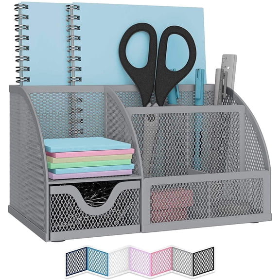 NEATERIZE Desk Organizer- Mesh Desktop Organizer and Holder for Pen, Pencil, Small Office Supplies and Stationary Accessories Storage Organization (Grey)