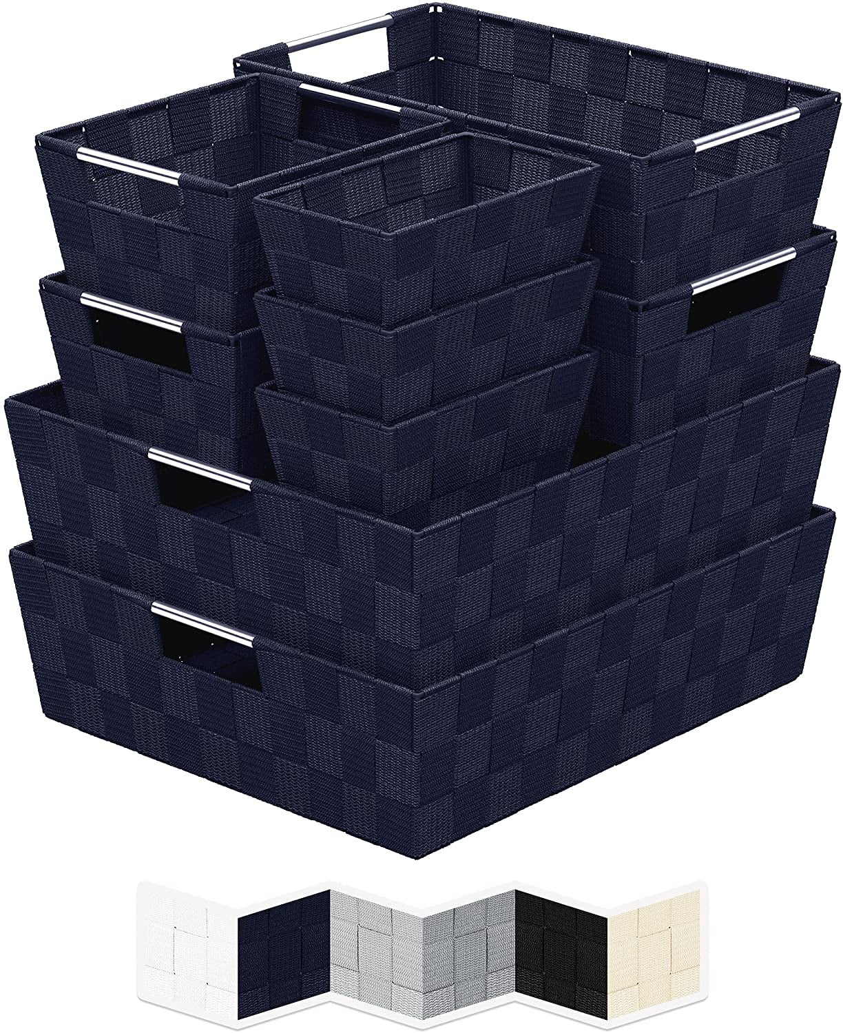 NEATERIZE Woven Storage Baskets For Organizing - Set Of 9 Fabric Empty Organizer  Bins With Handles - Great Bin For Organization & Closet Shelves (Grey)