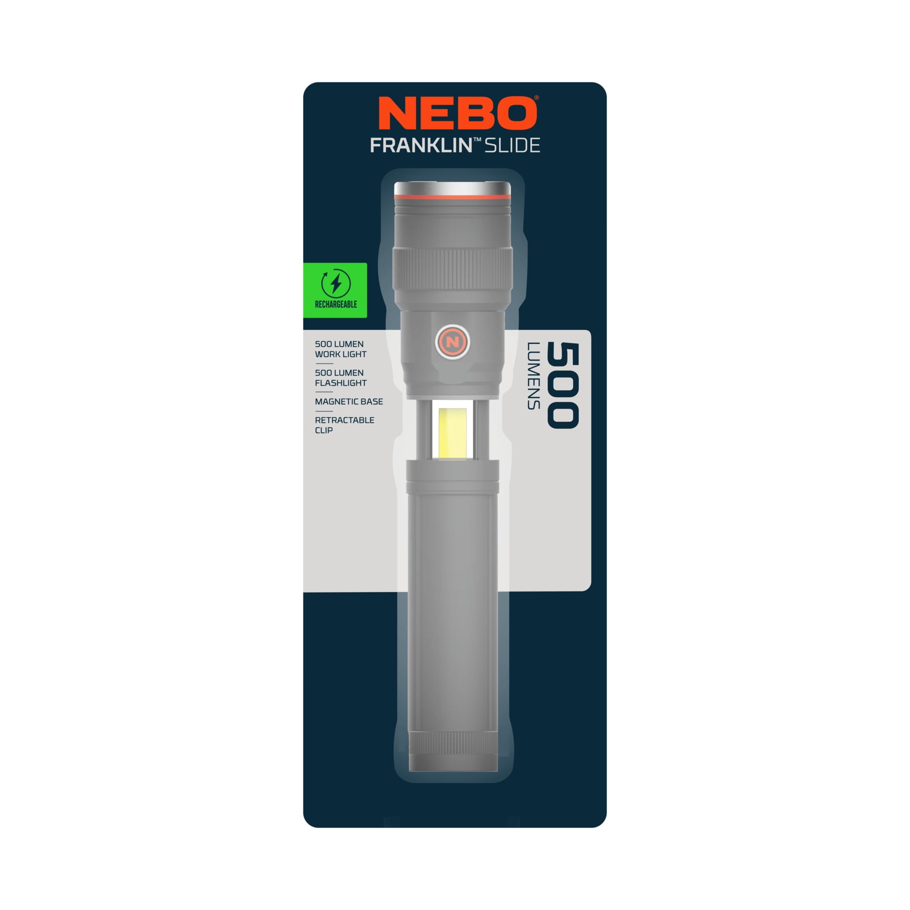 NEBO Franklin Slide 500 Lumen COB LED Gray Rechargeable Handheld Flashlight and Work Light